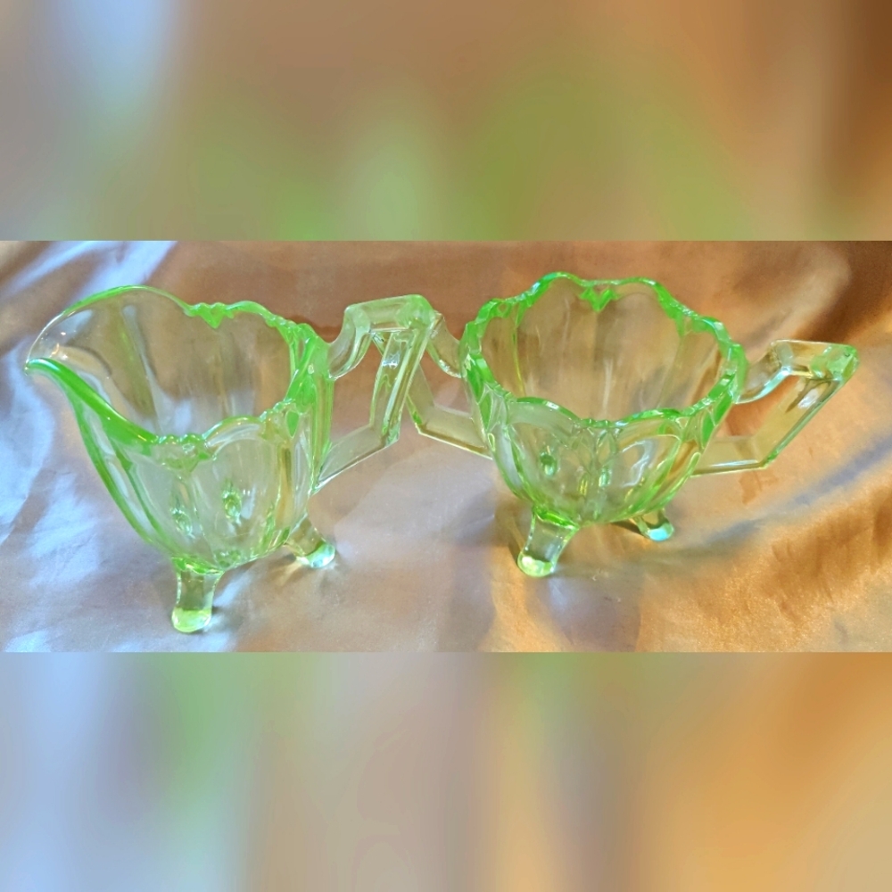 Uranium Glass Sugar Bowl and Creamer Set
